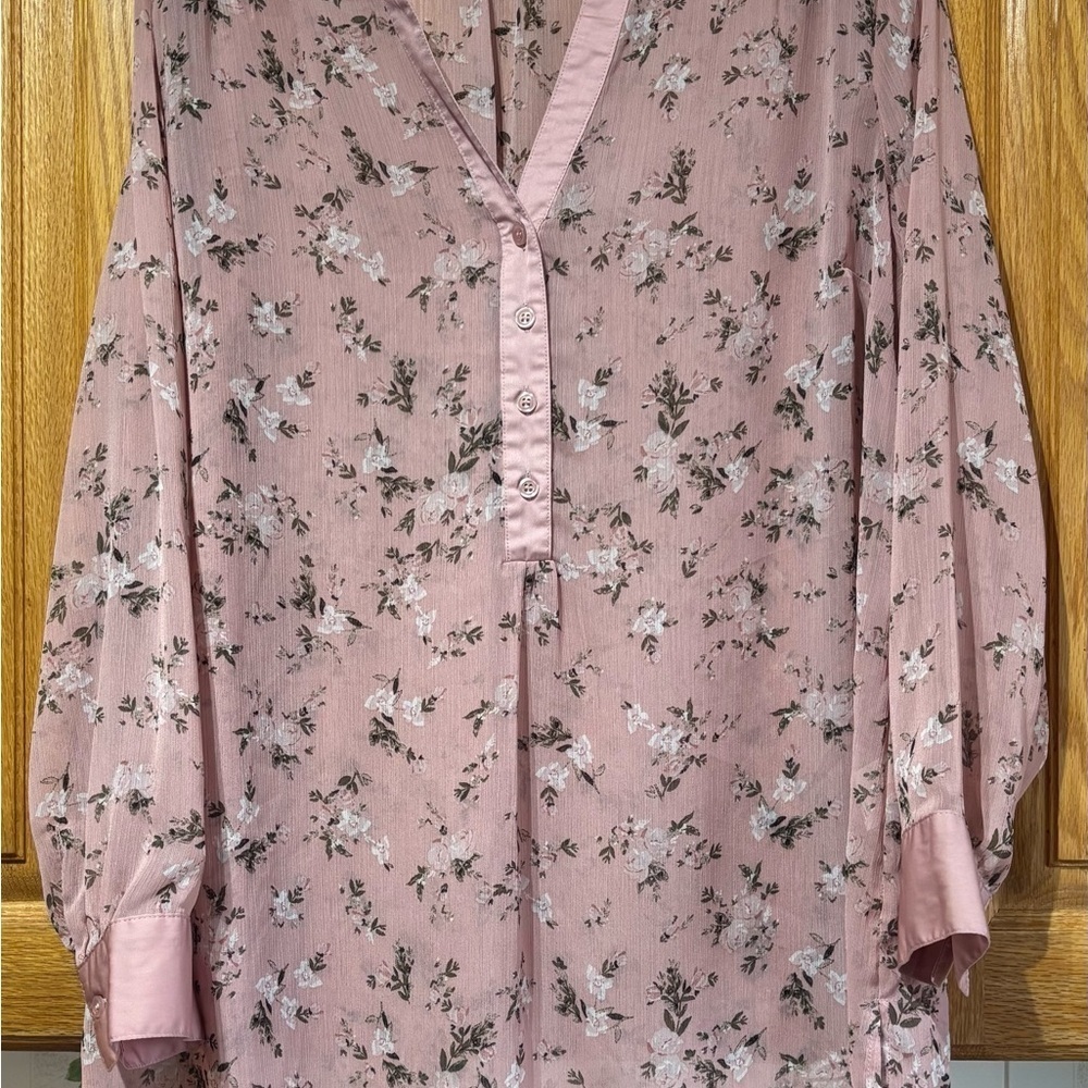 Michel Studio Collection Floral Pink Sheer Tunic Long Blouse Plus Size 16